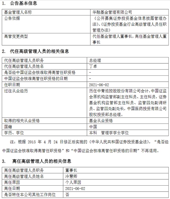 华融基金冷慧卿因个人原因离任总经理丁卓代任董事长职务